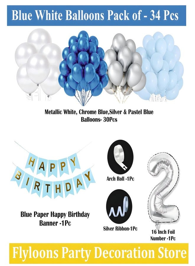 Flyloons 2nd Happy Birthday Decoration White and Blue Theme for Boys Girls Kids | 30 Pcs White Silver Color Balloons | Blue Happy Birthday Paper Banner | Arch Tape - Image 2